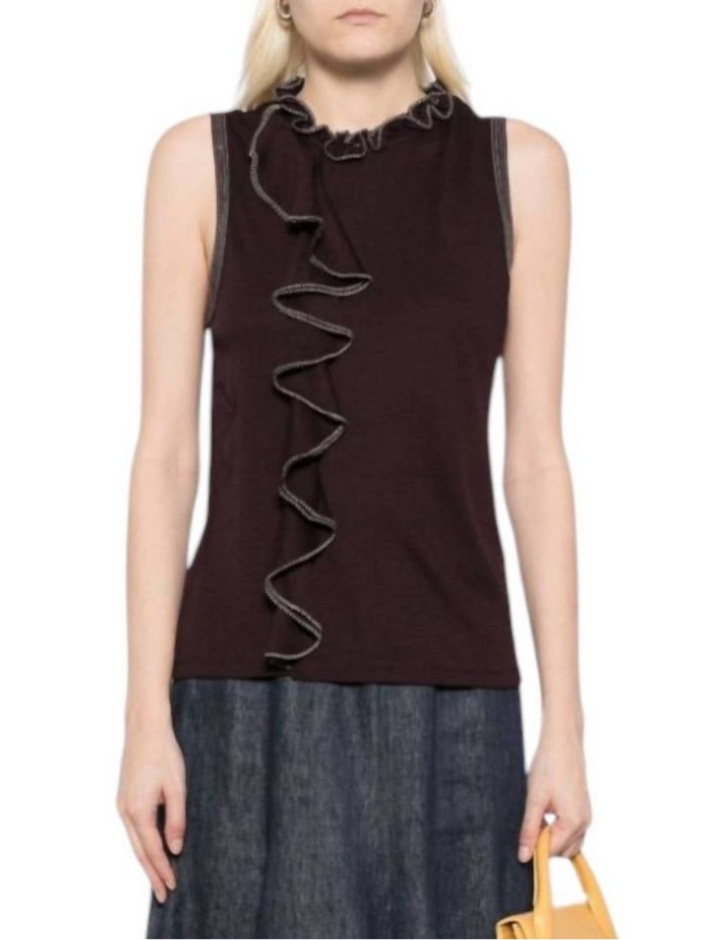 new Ulla Johnson Brea ruffle wool sleeveless knit blouse in Mahogany brown